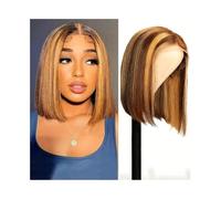 Pelucas Pelucas de cabello humano corto, liso, rubio miel, con parte en T y encaje frontal, densidad 180 Peluca de mujer(8inches)