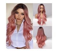 Pelucas Pelucas de Cosplay de color negro y rosa con ondas de cuerpo largo, pelucas sintéticas resistentes al calor, pelucas de Lolita naturales de parte media for mujeres Peluca