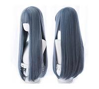 Pelucas Pelucas de pelo largo y recto for mujer Peluca recta de color azul gris natural con flequillo Peluca sintética de alta temperatura for fiesta de Halloween Cosplay Peluca