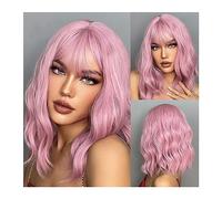 Pelucas Pelucas de pelo sintético ondulado corto rosa claro con flequillo Cosplay longitud del hombro Natural Bob peluca for mujeres fibra Afro resistente al calor Peluca de mujer