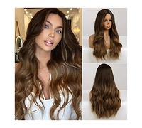 Pelucas Pelucas largas onduladas de Ombre Brown Peluca de cabello natural de parte media rizada marrón de 26 "para mujeres Fibras sintéticas resistentes al calor Pelucas for fiesta diaria Cosplay Pelu
