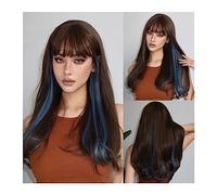 Pelucas Pelucas sintéticas largas onduladas for Cosplay con flequillo, peluca de pelo ondulado Natural azul mezclado marrón for mujer, fiesta Afro resistente al calor Peluca de mujer