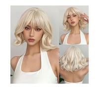 Pelucas Pelucas sintéticas rubias cortas rizadas Bob con flequillo Platium Golden pelucas de Cosplay de Lolita for mujeres fiesta diaria Cosplay resistente al calor Peluca de mujer(WL1147-1)