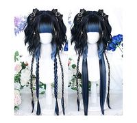 Pelucas Realistas Destaca la peluca de cosplay azul con flequillo limpio, ondas sintéticas flecos largos y rectos, Halloween fiesta resistente al calor natural Peinado de mujer