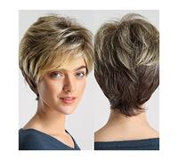 Pelucas Realistas Fluffy Short Pixie Cut Pelucas for mujeres blancas Dark Root Ombre Brown Blonde sintéticas de pelo corto en capas aspecto natural con flequillo Peinado de mujer