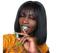 Pelucas rectas Ninguna Frente de encaje con flequillo Pelucas hechas a máquina completas sin cola para mujeres negras Flequillo Mujer Pelo Natural (Black, 14)