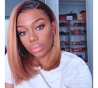 Pelucas Resaltar BOB WIG Cierre de encaje recto Pelucas for el cabello humano BOB OMBRE Peluca de pelo Peluca trasera Brasileño Remy Lace Wig for mujeres 150% Densidad Cabello Natural(T1B 27 150% Dens