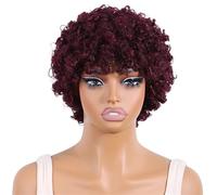 Pelucas rizadas afro cortas for mujeres negras Peluca sin cola Pixie de onda profunda de cabello humano(Wine red)