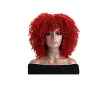 Pelucas rizadas afro rizadas de 16 pulgadas para mujeres negras, peluca corta de aspecto natural con flequillo sin encaje frontal pelo sintético para uso diario agrega volumen al cabello (rojo vino)