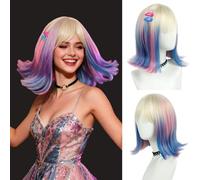 Pelucas rizadas de onda corta para niñas con pelo rubio-rosa-azul, peluca para disfraz de Halloween, con dos horquillas