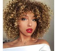 Pelucas rizadas para mujeres afroamericanas, color marrón mezclado con rubio, peluca de pelo afro rizado con flequillo