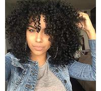 Pelucas rizadas para mujeres afroamericanas - Peluca de pelo afro sintético negro natural con flequillo