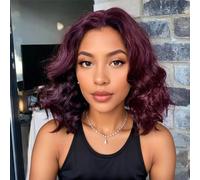 Pelucas Sin Pegamento Peluca Bob Ondulada Suelta Cabello Humano Con Cierre De Encaje En El Lado Izquierdo Peluca Roja Vino Peluca Ondulada De Cuerpo Corto 180 Density 14inches#5x5