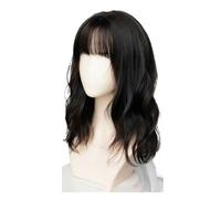 Pelucas sintéticas naturales y negras for mujeres niñas, peluca corta con ondas destacadas de color marrón, flequillo lateral, uso diario, fiesta disfraces, 1 ud(T1B/Green)
