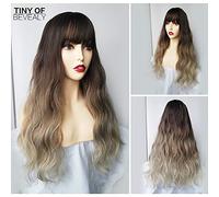 Pelucas sintéticas onduladas largas GHK con flequillo Pelucas marrón amarillento pelucas Pelucas de fibra resistente al calor para mujeres Pelucas de cosplay de onda de agua natural