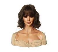 Pelucas, Sistema ordenado de la peluca de la fibra química del mecanismo de flequillo de la peluca ondulada del pelo corto y rizado de las mujeres,Pelucas de cabello humano(Dark curry)