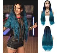 Pelucas trenzadas azules para mujeres negras, peluca larga y lacia, color negro degradado, peluca micro trenzada, línea capilar realista, sin pegamento, sin nudos, pelucas de colores, pelucas