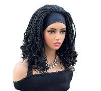 Pelucas trenzadas de 14 pulgadas con diadema, peluca sin pegamento, estilo bob negro, trenzas sintéticas, cabello de crochet con puntas rizadas for mujeres. Suave y Natural(Natural Black)