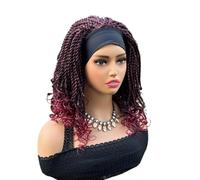 Pelucas trenzadas de 14 pulgadas con diadema, peluca sin pegamento, estilo bob negro, trenzas sintéticas, cabello de crochet con puntas rizadas for mujeres. Suave y Natural(Burgundy)