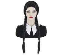 Pelucas trenzadas negras para miércoles Addams Peluca Mujer Niña Larga Peluca Negra con Trenzas para Miércoles Addams Disfraz Niña Peluca Gorra para Carnaval Halloween VD110BK