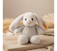 Steiff – Conejo de peluche Hoppie – Gris claro 18 cm, orejas caídas, lavable a máquina