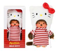 BANDAI - Monchhichi - Peluche de Hello Kitty Monchhichi - Peluche icónico de Mono de los años 80 - Peluche Suave de 20 cm para niños, Adultos - Gorro de Hello Kitty - Juguete para niños a Partir de 2