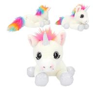Depesche 11493 Ylvi - Peluche Unicornio Tumbado, en Blanco y con vistosa Melena en los Colores del Arco Iris, Aprox. 30 cm de Altura Peluche con Detalles Plateados
