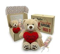 Peluchilandia Peluche Personalizado Corazón con Mensaje en Cajita Decorada | Pack Regalo Original listo para Regalar | con Nombre o Mensaje para Mujer y Hombre | Osito Amoroso