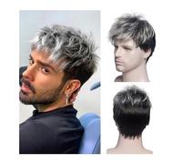 Peluquín para hombres Pelucas sintéticas rizadas cortas de los hombres respirables a prueba de calor for la peluca diaria de los hombres rizado masculino de Ombre Pelucas Cabello Peluquín(Black Grey)
