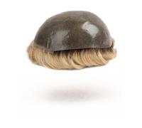 Peluquín para hombres Prótesis capilar masculina de piel fina, base de PU suave y completa, peluquín for hombre, doble nudo, raíces marrones, peluca de color rubio ombré, sistema de unidades de cabell