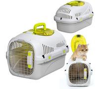 Peluvio Safy Transportín para Gatos Rígido, Carcasa PP, Puerta de Metal con Doble Cierre Seguro, Ventilación 360, Asa Plegable, Rejilla para Empapador y Cuenco Colgable, para Coche y Viaje, hasta 5 kg