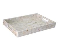 PEMAR Bandeja rectangular de nácar para servir, bandeja otomana de madera nácar para mesa de café, platos decorativos de lujo hechos a mano con asas de inserción (blanco crema)