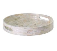 PEMAR Bandeja redonda para servir de nácar de 32 cm con asas, bandeja decorativa de madera nácar otomana para mesa de café (azulejos blancos)