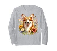 Pembroke Welsh Corgi, flores silvestres de verano, bonitas flores florales Manga Larga