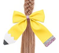 Pencil Hair Bows Clips, Glitter Leather Bow Clips, Bows For Hair, Pencil Design Yellow Small Clip, 3.9Inch Bows-Hair For Kids Children Holidays Festivals Birthday Party Ponytail Styling