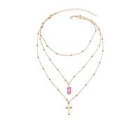 Pendant Elegant Women's Multilayer Thin Chain Cross Choker Necklace Bead Jewelry Gift,Colour:Golden + Green (Color : Golden+Rose Red)