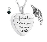 Pendant for Ashes with Chain,Heart with Angel Wing Birthstone and ECG Engraving I Love You Forever Wife Necklace Urns Stainless Steel Necklace for Ashes