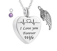 Pendant for Ashes with Chain,Heart with Angel Wing Birthstone and ECG Engraving I Love You Forever Wife Necklace Urns Stainless Steel Necklace for Ashes