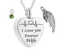 Pendant for Ashes with Chain,Heart with Angel Wing Birthstone and ECG Engraving I Love You Forever Wife Necklace Urns Stainless Steel Necklace for Ashes