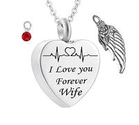 Pendant for Ashes with Chain,Heart with Angel Wing Birthstone and ECG Engraving I Love You Forever Wife Necklace Urns Stainless Steel Necklace for Ashes