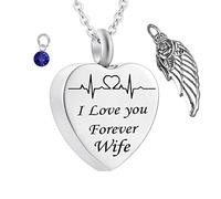 Pendant for Ashes with Chain,Heart with Angel Wing Birthstone and ECG Engraving I Love You Forever Wife Necklace Urns Stainless Steel Necklace for Ashes