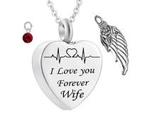 Pendant for Ashes with Chain,Heart with Angel Wing Birthstone and ECG Engraving I Love You Forever Wife Necklace Urns Stainless Steel Necklace for Ashes