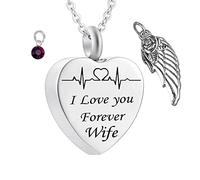 Pendant for Ashes with Chain,Heart with Angel Wing Birthstone and ECG Engraving I Love You Forever Wife Necklace Urns Stainless Steel Necklace for Ashes