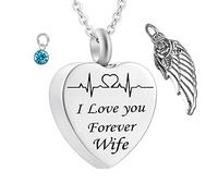 Pendant for Ashes with Chain,Heart with Angel Wing Birthstone and ECG Engraving I Love You Forever Wife Necklace Urns Stainless Steel Necklace for Ashes
