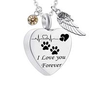 Pendant Urns for Human Ashes,Heart with ECG Dog Paw Print Birthstone and Angel Wing Engraving I Love You Forever Ash Necklace Stainless Steel Necklace Urns