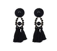 Pendiente de botón de piedra preciosa de cristal con borla de lana artificial Eardrop Dangler negro joyería regalo para mujeres elegantes y populares Lovely And Professional