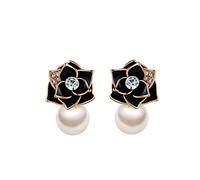 Pendiente femenino 925 plata esterlina aguja flor perla plateado oro Stud pendiente mujeres niñas hipoalergénico regalo de joyería ergénica-black-One size