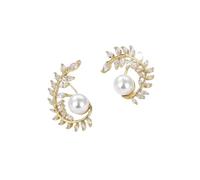 Pendiente vintage para mujer, pendientes de aro de circonio de oro estilo gracia de hoja de perlas para bodas y joyas, Or, Metal, Circonia cúbica