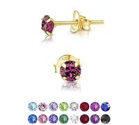 Pendientes Amatista Plata de Ley 925 Chapados Oro Con Cristales Swarovski 3 mm - Pequeños de Colores - Dorados Mujer - Aretes de Oro - Brillantes