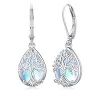 Pendientes Árbol de la Vida para Mujer Plata Chapada, Pendientes Colgantes Piedra Lunar Joyería para Mujeres Mamá (B1-Piedra de Luna)